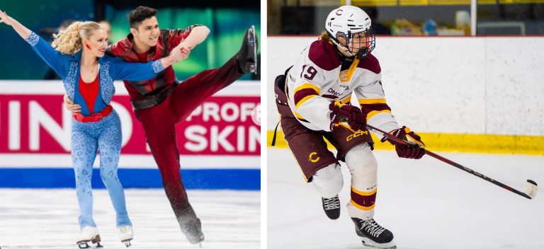 Diptych image with figure skaters on the left and a woman playing competitive hockey on the right.