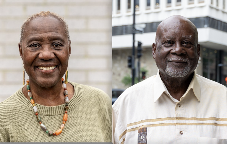 Diptych image of a Black woman on the left with short hair and a colourful necklace, and a Black man on the right with a short grey beard and striped white shirt