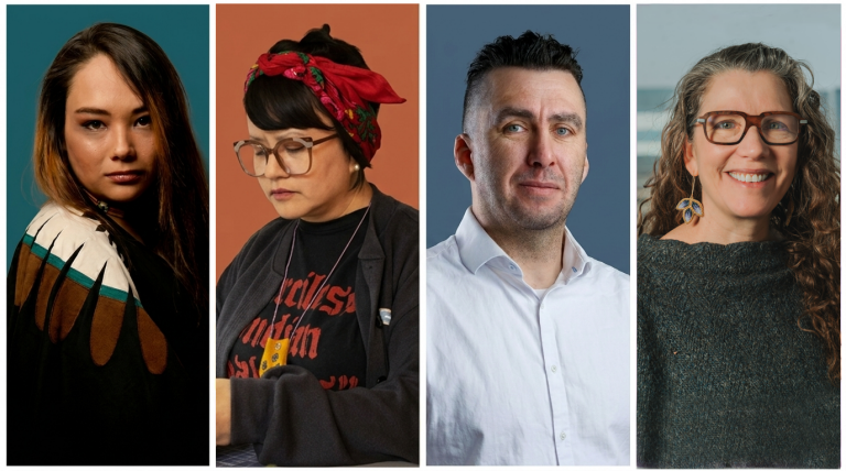 Four side-by-side studio portraits of different artists against solid color backgrounds: a young woman with long dark hair wearing a patterned shawl, a person with glasses and a red headscarf working at a table, a man in a white shirt facing forward, and a woman with glasses in a purple shirt with her arms crossed.