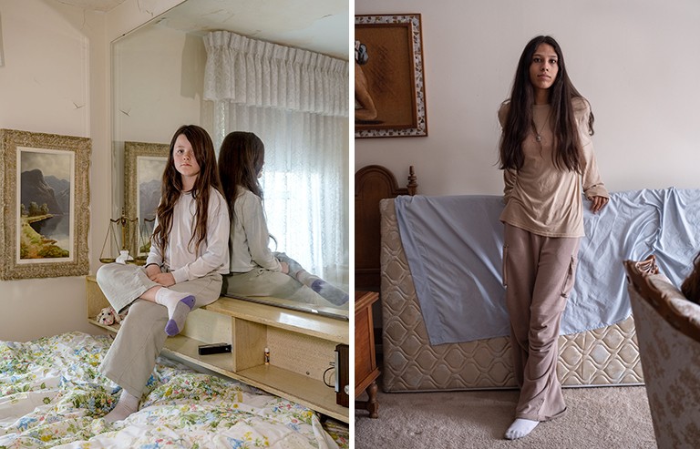 A diptych image of two young women standing in two different rooms.