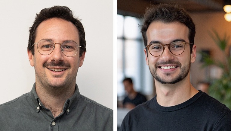 Diptych image with a man in a grey shirt with short hair and a moustache on the left, and on the right a man with short, dark hair, a beard, and glasses.