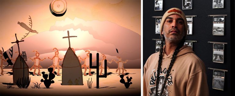A diptych image of an artwork on the left and a man on the right, with braids and wearing a beanie hat and a hoodie.