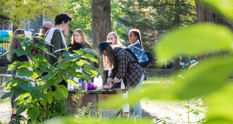 A group of people in an exterior garden space on a sunny day