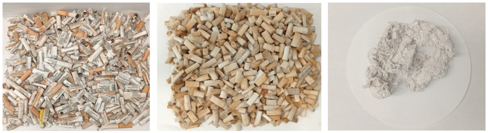Trois images côte à côte : la première représente un tas de mégots de cigarettes; la deuxième montre la même quantité de cigarettes, mais uniquement les filtres; la troisième montre un petit tas de poudre blanche ou de mousse. L'image complète semble représenter des centaines de cigarettes en train de se dégrader. 