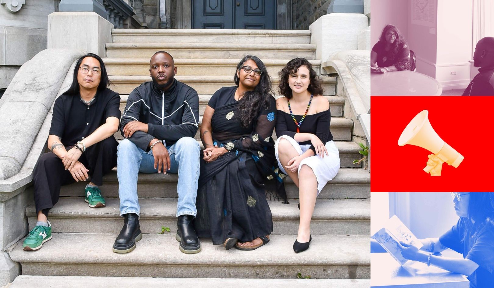 Quatre personnes assises dans des marches dehors