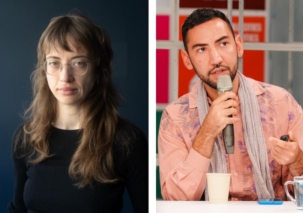Photos portraits d'une jeune femme et d'un jeune homme, ce dernier tenant un micro