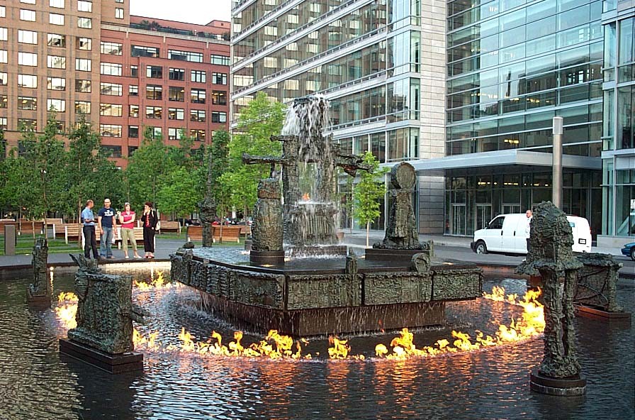 water fountain installation with flames, by Riopelle