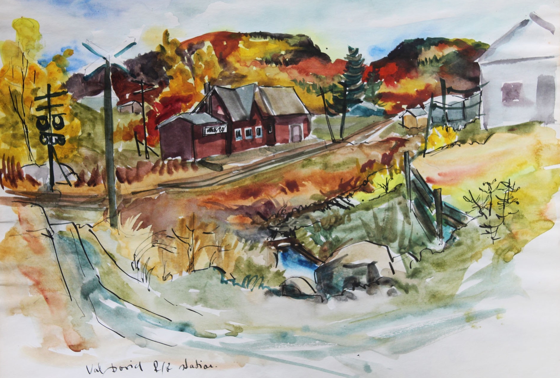 Rose Szasz watercolour Cette peinture à l'aquarelle aux couleurs vives représente un bâtiment de ferme rouge au centre, avec des voies ferrées le long de la route. Il y a un ruisseau au centre ainsi qu'un bâtiment de ferme blanc sur le côté.