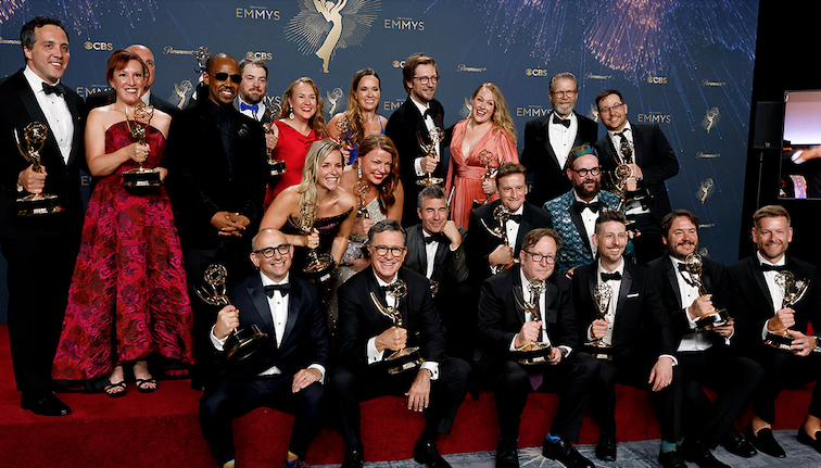 The Late Show with Stephen Colbert team celebrates its 2025 Emmy for Outstanding Talk Series.