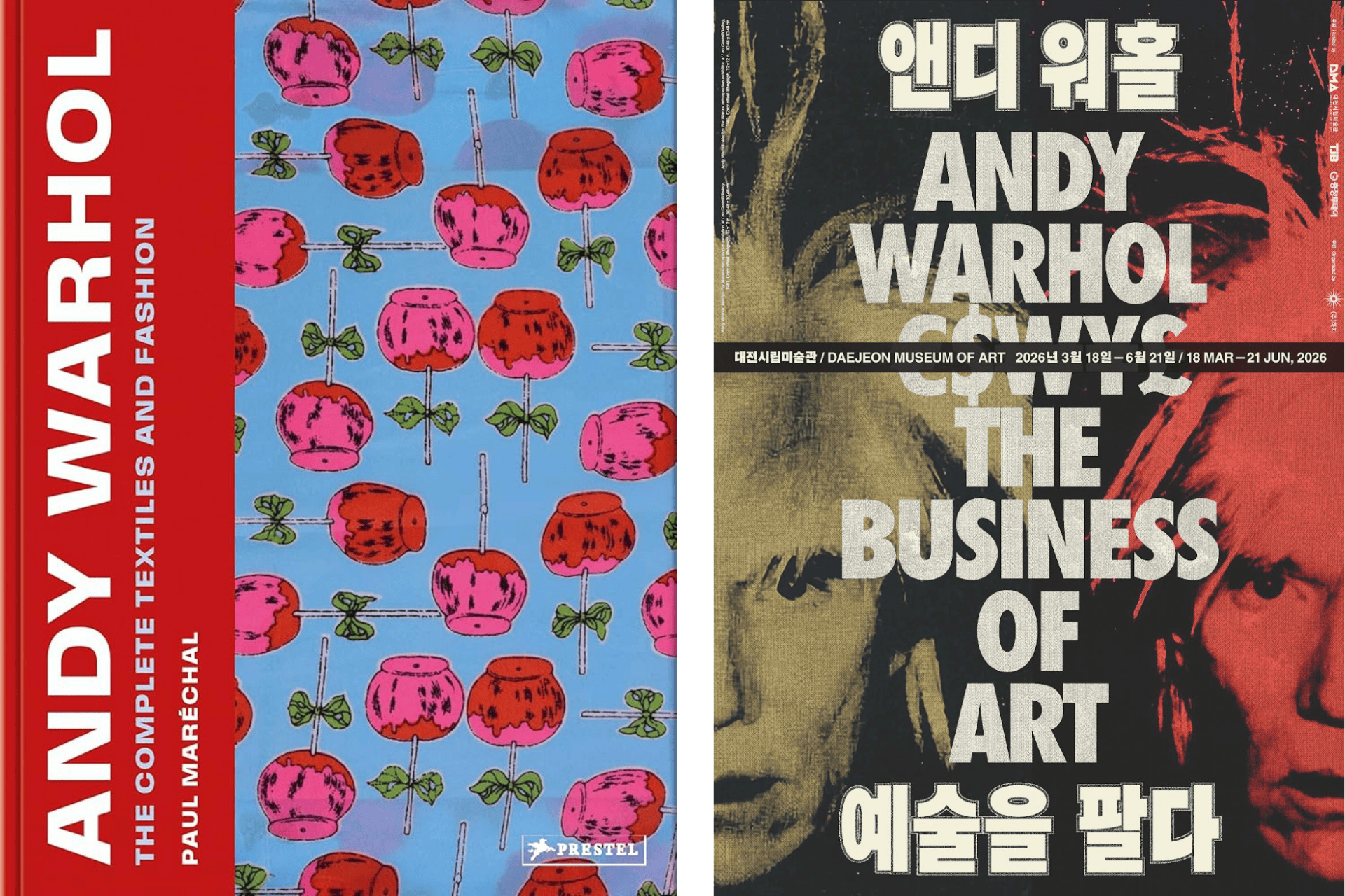 Le livre présente un textile à motifs et l'affiche comporte un portrait divisé de Warhol.