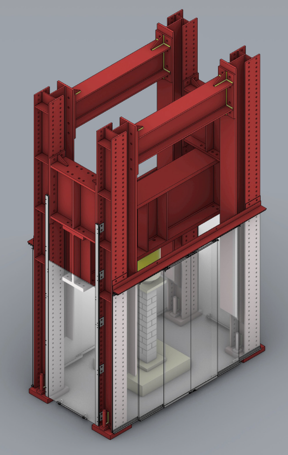 Rendu CAO détaillé de la même structure métallique rouge.