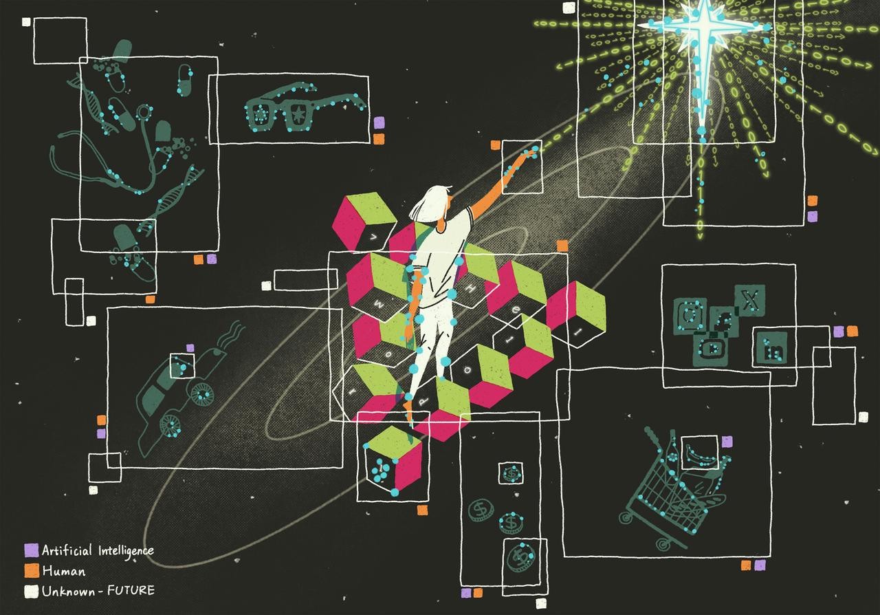Le tableau montre une personne debout sur un escalier composé de cubes verts et roses, symbolisant un escalier de Penrose, dans un environnement cosmique. La personne tend la main vers une structure lumineuse en forme de croix émettant un code binaire, représentant l’emprise de l’IA sur l’avenir. Autour de la figure, des encadrés en contour présentent divers éléments, tels que des lunettes, des outils médicaux, une voiture autonome et des symboles financiers, reliés entre eux par des lignes blanches. L’arrière-plan est sombre, parsemé de points semblables à des étoiles, et comporte des encadrés codés par couleur qui indiquent si les différents éléments sont liés à l’IA, à l’intervention humaine, à une combinaison des deux, ou à une zone encore inexplorée par l’IA et les humains.