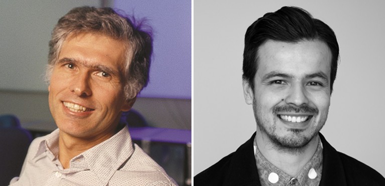 Daniel Forgues et Juan Ortiz-Apuy Deux portraits côte à côte : le premier est un homme souriant dans une salle de classe et le second est un homme souriant portant un blazer et une chemise boutonnée à pois.