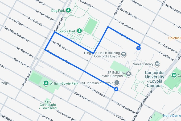Carte indiquant un itinéraire de déviation temporaire pour accéder au parking situé près du pavillon PS pendant la fermeture de la voie interne devant le pavillon RF. L'itinéraire commence au point A près du pavillon RF, continue vers le nord sur la rue West Broadway, puis tourne vers l'est sur l’avenue Fielding. Il continue vers le sud sur l’avenue Doherty, puis vers l'est sur l’avenue Somerled et enfin vers le sud sur l’avenue Belmore pour atteindre le point B au parking situé près du pavillon PS.