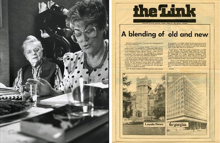 Diptych of archival images. At left, a black and white image of two women. At right, an archival image of an old newspaper called "The Link"