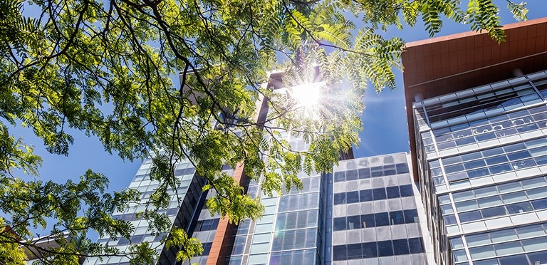 People walk past a modern glass building with “CONCORDIA” written on the window, under a partly cloudy blue sky in an urban setting.