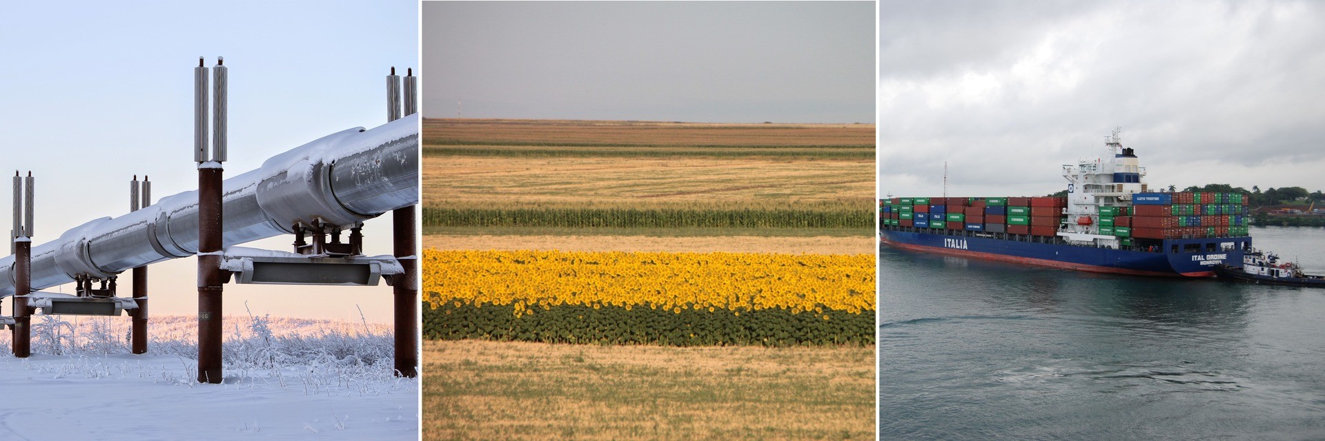 Trois images côte à côte : un pipeline en hiver, un grand champ de blé, un conteneur de bateau sur l'eau