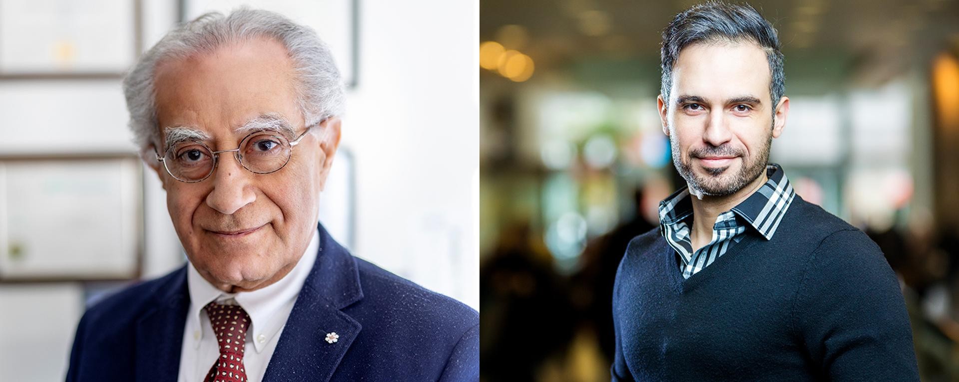 Portraits côte à côte de deux individus. À gauche, un homme plus âgé avec des cheveux blancs et des lunettes, portant un costume bleu foncé et une cravate rouge. À droite, un homme plus jeune avec des cheveux courts et foncés et une barbe, portant un pull noir sur une chemise à carreaux. Les deux sourient légèrement et regardent directement la caméra. L'arrière-plan est flou.