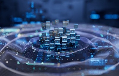 3D-rendered digital cubes and data points floating over a glowing circuit board, representing artificial intelligence and big data.